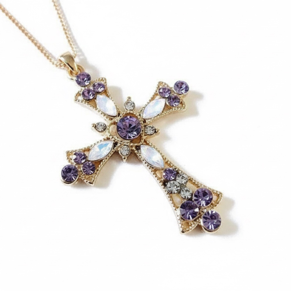 Womens Gold Chain Necklace Gold & Purple Cross Pendant - Picture 1 of 5